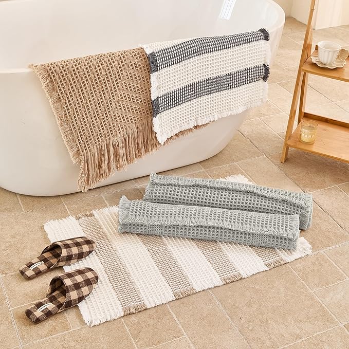 Waffle Bath Mat Non Slip, Boho Runner Rug, Super Absorbent Quick Dry Long Bath Runner Bathroom, Soft Farmhouse Bath Rug with Tassels, Washable Shower Mats for Floor 24"x48", Tassels Light Grey