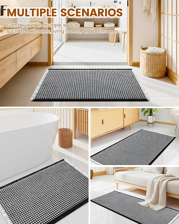 Smiry Waffle Bath Mat 36x24, Extra Soft Absorbent Bathroom Rugs, Non Slip Machine Washable Quick Dry Bath Rugs for Bathroom Floor, Tub, Shower, Home Decor Accessories, Black & Cream