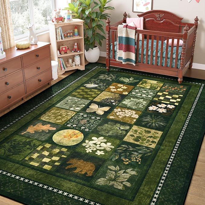 Tepook 5x7 Area Rugs for Living Room, Modern Large Geometric Rug for Bedroom, Washable Patchwork Rug Indoor Non Slip Throw Carpets for Dining Room Office Farmhouse Home Decor, Dark Green