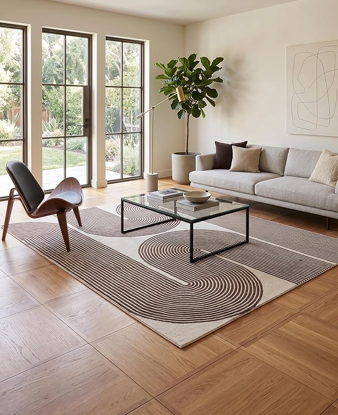 Modern Handmade Wool Area Rug, Abstract Curved Line Geometric Indoor Carpet for Living Room Bedroom, Contemporary Tufted Rug with Soft Pile and Cotton Backing (Cocoa Brown, 3' x 5')