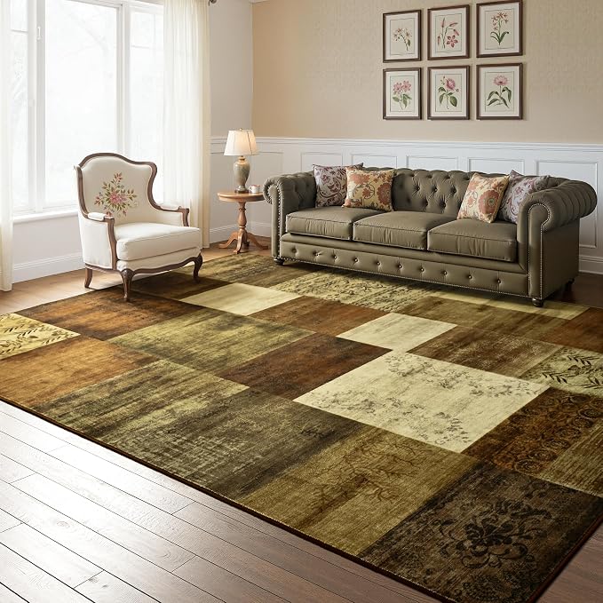 Tepook Modern Area Rugs for Living Room, 9x12 Washable Large Rug for Bedroom, Geometric Patchwork Rugs Indoor Non-Slip Throw Carpets for Dining Room Office Farmhouse Home Decor, Brown