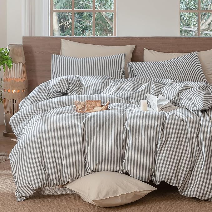 MooMee Striped Duvet Cover Set 100% Washed Cotton Linen Like Textured Breathable Durable Soft Comfy (Dark Grey White Classic Stripes, Palatial King/Oversized King 120"x98")