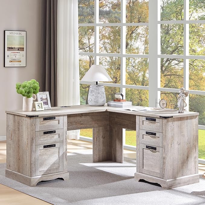 RedLemon 60" Farmhouse L Shaped Executive Desk with Drawers, Wood Home Office Corner Desk with Charging Station, File Drawer, Storage Cabinet, Rustic Computer Writing Desk (Light Rustic Oak)