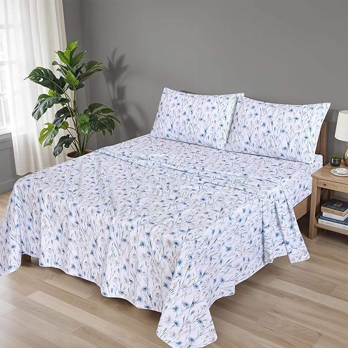 RUVANTI 100% Organic Cotton Sheets California King, Percale Weave, GOTS Certified, 4-Piece Set, Deep Pocket 13", Crisp & Breathable, Soft Durable Bedding, Sábanas Algodón Orgánico – Daisy Bud