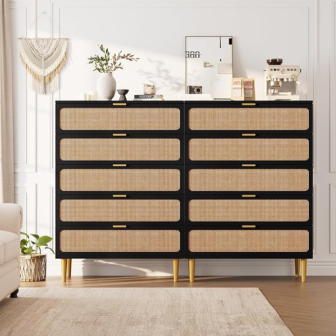Garvee Rattan Dresser with 5 Drawers, Tall Modern Closet with Deep Storage, Large Chest of Drawers with Wide Top, Long Wooden Dresser for Bedroom, Living Room, Hallway, Kids Room, Black