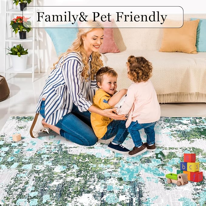 GAOMON 5x7 Rug Boho Chic Abstract Small Rug Machine Washable Colorful Indoor Accent Carpet Non Shedding Living Room Rug Non Slip Low Pile Modern Carpet Mat for Office Kitchen, Green/Turquoise