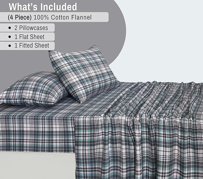RUVANTI Flannel Sheets Queen Size - 100% Cotton Double Brushed Bed Sheets, Deep Pockets 16 Inches Queen Sheet Set, All Seasons Breathable & Extra Soft - Warm & Cozy, 4 Piece, Mint Grey