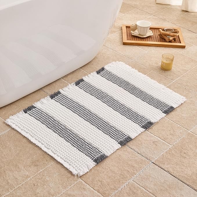 Waffle Bath Mat Non Slip, Boho Bathroom Rug, Super Absorbent Quick Dry Bathroom Mat, Soft Farmhouse Bath Rug with Tassels, Small Washable Shower Mats for Floor 16"x24", White and Grey