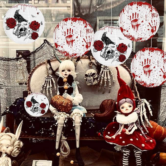 6PCS Hanging Halloween Party Decorations with Lantern, Crow, Skull, Blood Print Pattern, Indoor and Outdoor Horror Home Decoration -12 inches