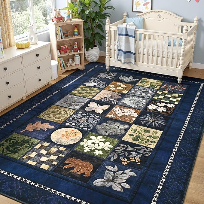 Tepook 5x7 Area Rugs for Living Room, Modern Large Geometric Rug for Bedroom, Washable Patchwork Rug Indoor Non Slip Throw Carpets for Dining Room Office Farmhouse Home Decor, Navy Blue
