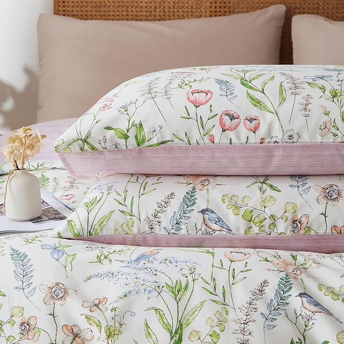 EAVD Vibrant Garden Botanical Floral Duvet Cover Queen Soft Cotton Chic Cute Bird Floral Pattern Bedding Set with 2 Pillowcases Vintage Botanical Duvet Cover with Zipper Closure