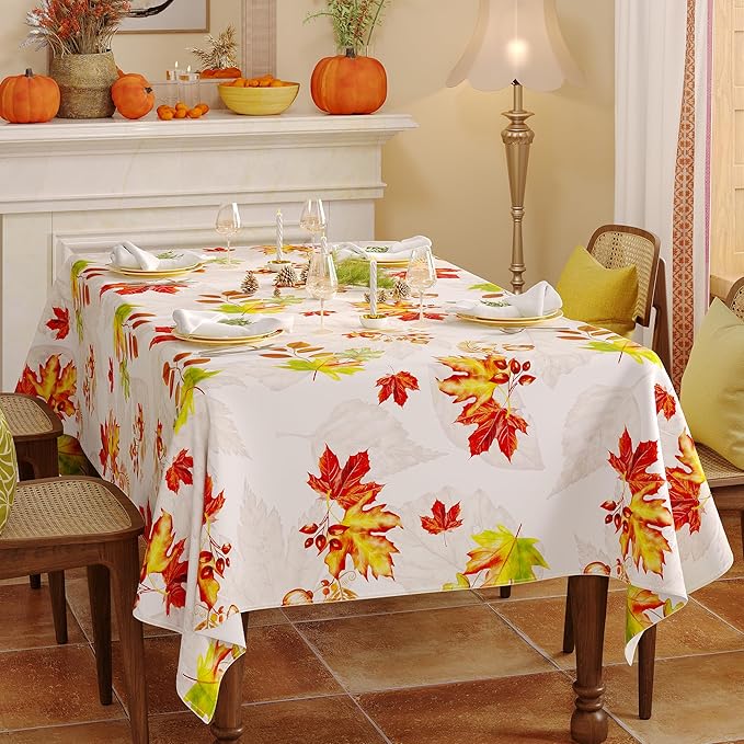 Fall Rectangle Tablecloth 60 x 120 Inch, Thanksgiving Autumn Harvest Maple Leaves Table Cloth, Spill Proof Wipeable Washable Rectangular Table Covers for Party Picnic Dinner Decor