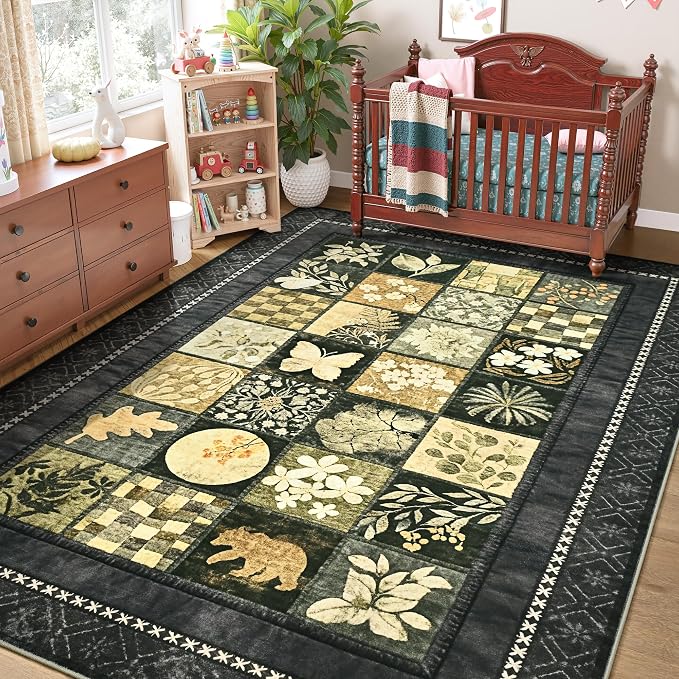 Tepook 6x9 Area Rugs for Living Room, Modern Large Geometric Rug for Bedroom, Washable Patchwork Rug Indoor Non Slip Throw Carpets for Dining Room Office Farmhouse Home Decor, Dark Grey