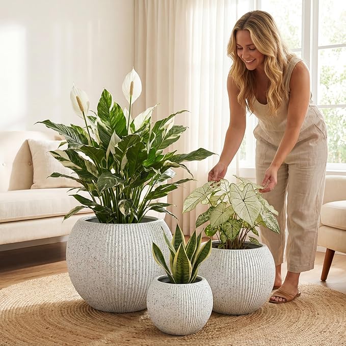 DTY Signature Mount Sherman Modern Indoor Outdoor Fiberstone Sphere Planter, Durable Round Garden Pot, Weather Resistant, Drainage Hole & Rubber Plug,Planter for Christmas Tree (Ribbed White, Medium)