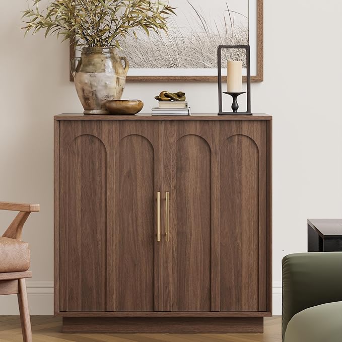 FORTUNETEC Sideboard Buffet Cabinet with Storage Set of 3, Mid Century Modern Accent Cabinet with Arched Doors, Modular Media Console, Credenza for Living Room Kitchen Dining Room Entryway, Walnut