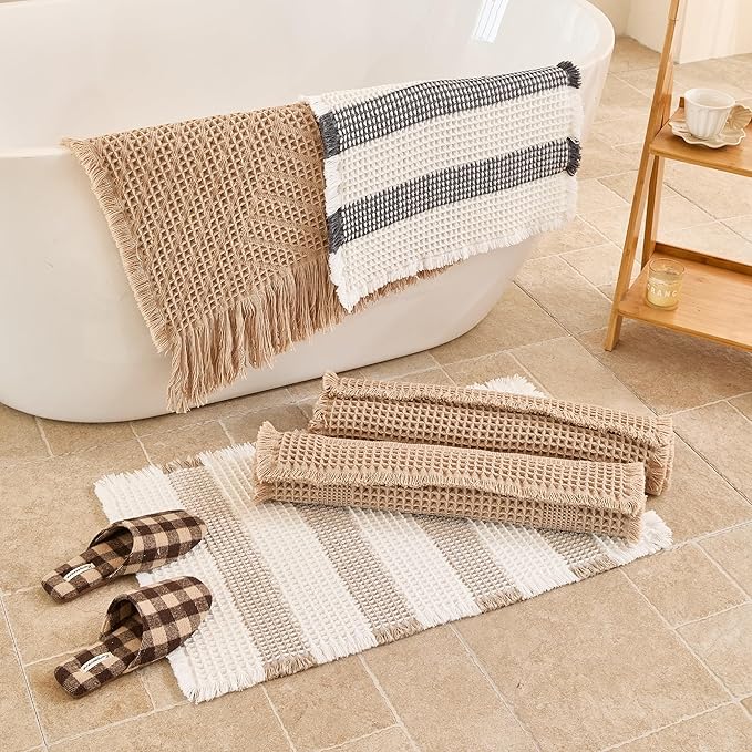 Waffle Bath Mat Non Slip, Boho Runner Rug, Super Absorbent Quick Dry Long Bath Runner Bathroom, Soft Farmhouse Bath Rug with Tassels, Washable Shower Mats for Floor 24"x48", Tassels Brown