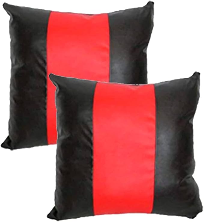 D DOLLY LAMB Lambskin Leather Pillow Cover - Sofa Cushion Case - Decorative Throw Covers for Living Room & Bedroom, 18x18 Inches - Red Black 01 Pack of 2