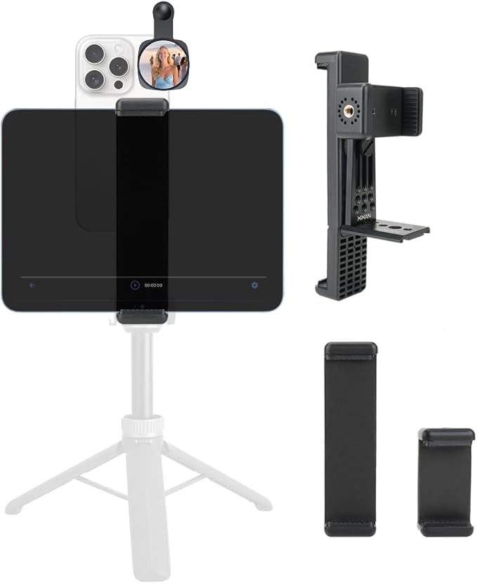 Metal Dual Device Tablet & Phone Holder Tripod Mount Adapter Set for Live Streaming and Teleprompter - Compatible with Tripods, Monopods, Selfie Sticks, Heads, Gimbals and Stabilizers