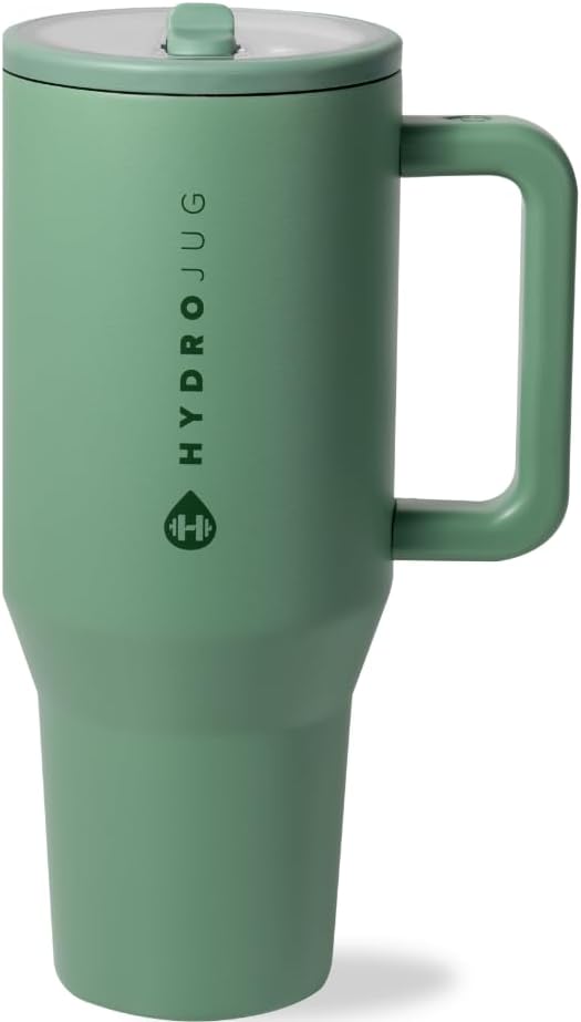 HydroJug Traveler - 32 oz Water Bottle with Handle & Flip Straw - Fits in Cup Holder, Leak Resistant Tumbler-Reusable Insulated Stainless Steel & Rubber Base - Gifts for Women & Men, Sage | with Handle, Flip Straw, Fits in Cup Holder, Leak Resistant, T...