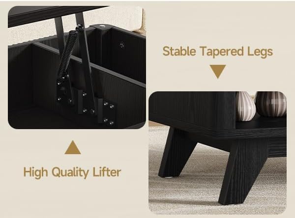 ONBRILL Farmhouse Lift Top Coffee Table, Mid Century Modern Coffee Table with Hidden Storage Compartment, Fluted Rising Pull up Wood Modern Center for Living Room, Office, Black