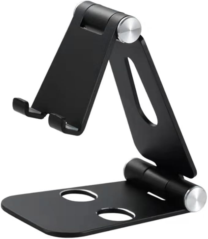 Adjustable Phone Stand, Premium Aluminum Foldable Desktop Holder in Black, Silver, Gold, Rose Gold with Dual-Hinge Design for Phones, Tablets (Black)