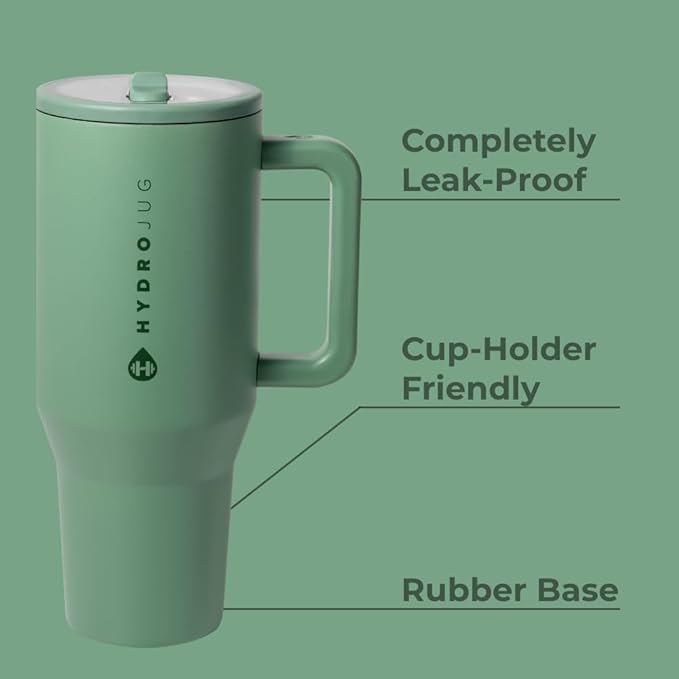 HydroJug Traveler - 32 oz Water Bottle with Handle & Flip Straw - Fits in Cup Holder, Leak Resistant Tumbler-Reusable Insulated Stainless Steel & Rubber Base - Gifts for Women & Men, Sage | with Handle, Flip Straw, Fits in Cup Holder, Leak Resistant, T...