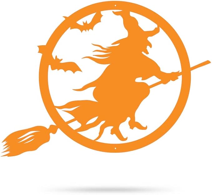 RealSteel Witch Halloween Decoration - Metal Broom Riding Décor - Scary Indoor Outdoor Wall Sign for Haunted Houses - Wicked Witch Flying Porch Art - Flying Bats Front Door Art (18, Orange)