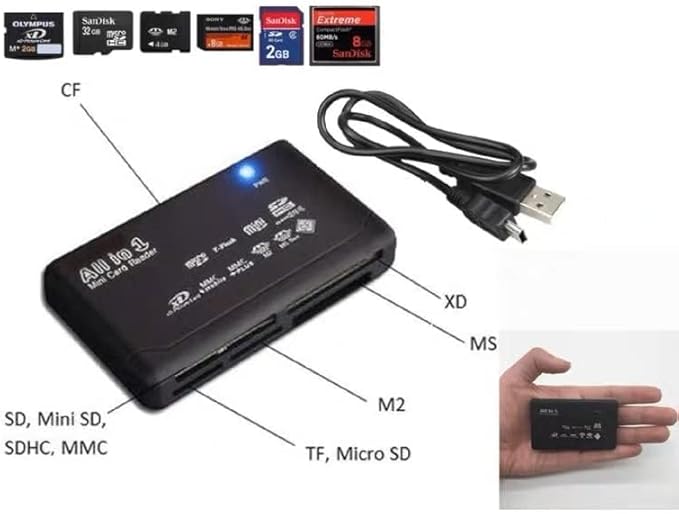 USB 2.0 All in One PC Memory Card Reader Adapter and Write Plug OSX Windows Chrome Compatible for SD/MMC/SDHC/XD/M2/Memory Stick/Micro SD/CF/Pro&Duo Cards