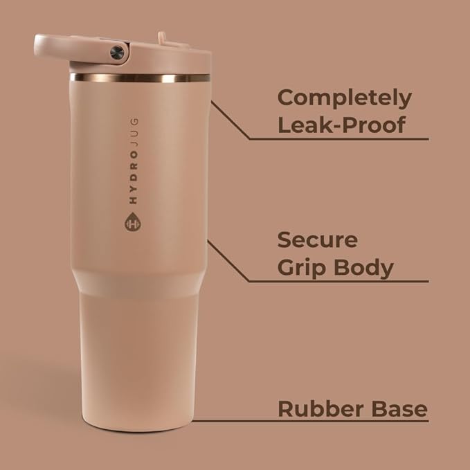 HydroJug Sport - Stainless Steel Tumbler with Straw, Vacuum Insulated, 40oz Leakproof Water Bottle, Ergonomic Design, Reusable, Dishwasher Safe, Rubber Base, Durable for Gym or Outdoors, Caramel