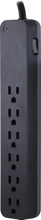 GE Pro 6-Outlet Surge Protector, 8 Ft Extension Cord, 1560 Joules, Power Strip, Flat Plug, Integrated Circuit Breaker, Wall Mount, UL Listed, Black, 37052