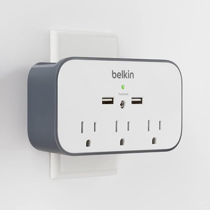 Belkin Wall Mount Surge Protector - 3 AC Multiple Outlet Extender & 2 USB Ports - Flat Rotating Plug Wall Mount Cradle for Home, Office, Travel, Computer Desktop & Charging Brick (540 Joules) - 4 Pack