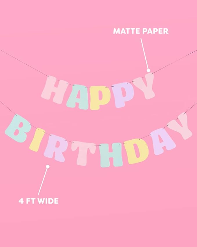 xo, Fetti Pastel Happy Birthday Banner - 1 Piece | Rainbow Bday Party Decorations, Cute Birthday Decor, Sweet 16, 21st