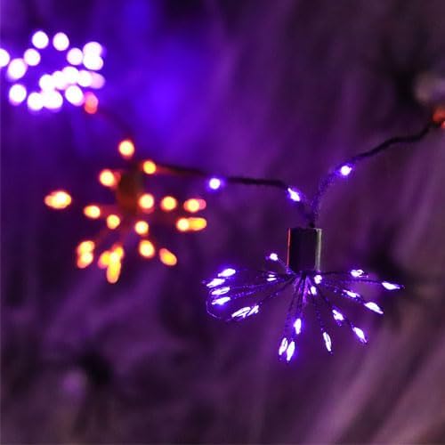 8 Clusters Firework Lights 10FT Battery Operated Orange and Purple Fairy Lights with Remote 200LED Decorative Fall Lights for Indoor Outdoor Garden Halloween Decorations