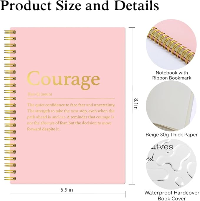 XQLZY Courage Definition Pink Gold Spiral Notebook, Resignation Retirement Promotion Inspirational Gifts for Woman Coworker Boss Friend, Positive Affirmation Gifts for Office Worker Colleague