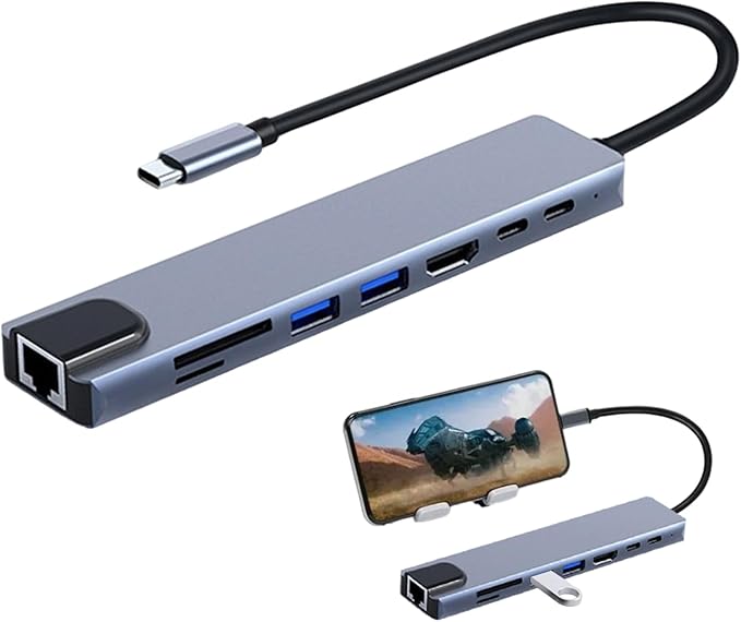 USB C Hub – Type C 8 in 1 Docking Station Adapter | 4K 100Mbps Ethernet USB Card Reader Function Hub | Laptop Tablet Expansion Solution for Office Work Travel and Daily Use