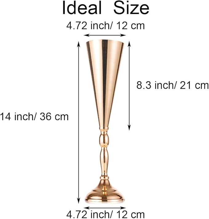 Gold Vase Centerpiece Table Decorations - 10 Pcs Metal Tabletop Flower Stand, Wedding Decorations for Reception, 14in Trumpet Tall Flower Vase for Birthday, Weddings, Anniversary, Home Decor