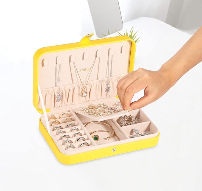 LANDICI Small Jewelry Box for Women Girls, PU Leather Travel Jewelry Organizer Case, Portable Jewellery Storage Holder Display for Ring Earrings Necklace Bracelet Bangle Watch Men Kids Gift, Yellow