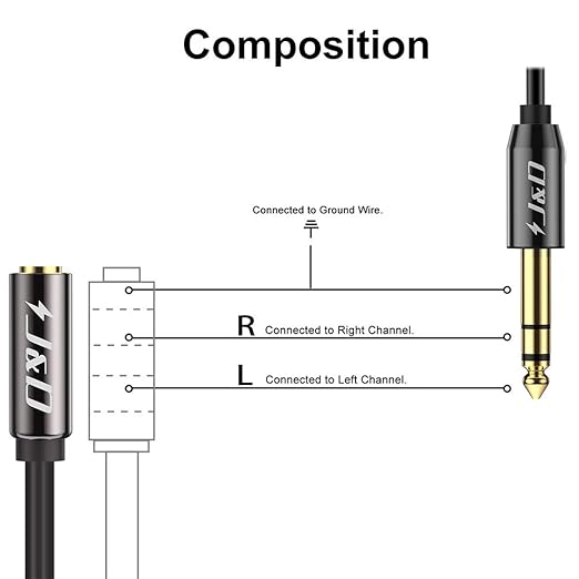 J&D 1/4 inch to 3.5mm Headphone Adapter, Gold Plated 3.5mm 1/8 inch Female TRS to 6.35mm 1/4 inch Male TRS Stereo Audio Cable for Guitar Amp, Amplifiers,Headphones Extension Cable, 6 Feet