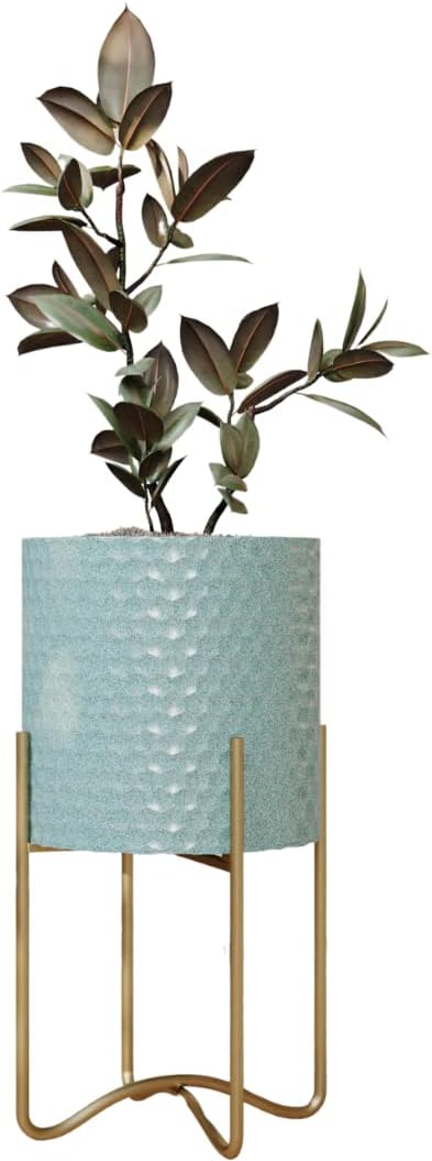 EverNest Mid-Century Modern Rhys Honeycomb Embossed Planter Pot with Ambrose Stand, Metal Indoor Plant Pots, Blue Green Bohemian Style (Medium 2 Gallon)