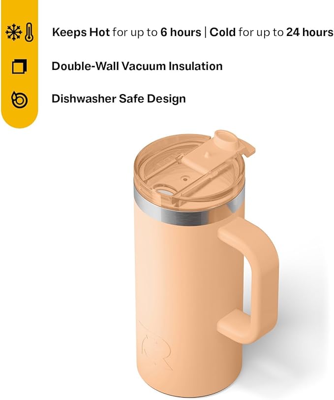 RTIC 16oz Road Trip Travel Mug with Lid and Handle, Ceramic Lined, Insulated, Stainless Steel, Metal, Double Wall Vacuum-Insulation, Portable Coffee, Tea Cup for Hot and Cold Drink, Peach Tea