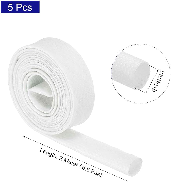 MECCANIXITY 5Pcs Wire Insulation Braid Fire Sleeve,6.6Ft-14mm ID White, High Temp Silicone Coated Fiberglass Sleeving for Automotive Hose Lines Electrical Wiring