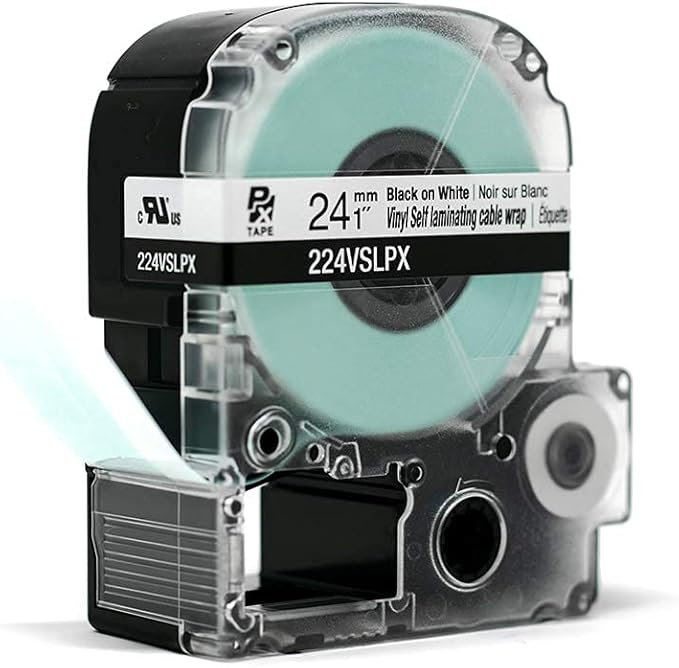 Epson LABELWORKS 224VSLPX Genuine Tape Cartridge - Black on White Flexible and Durable Vinyl Self Laminating Overwrap Industrial Label Maker Tape - 1" (24MM) Wide, 26.2 ft