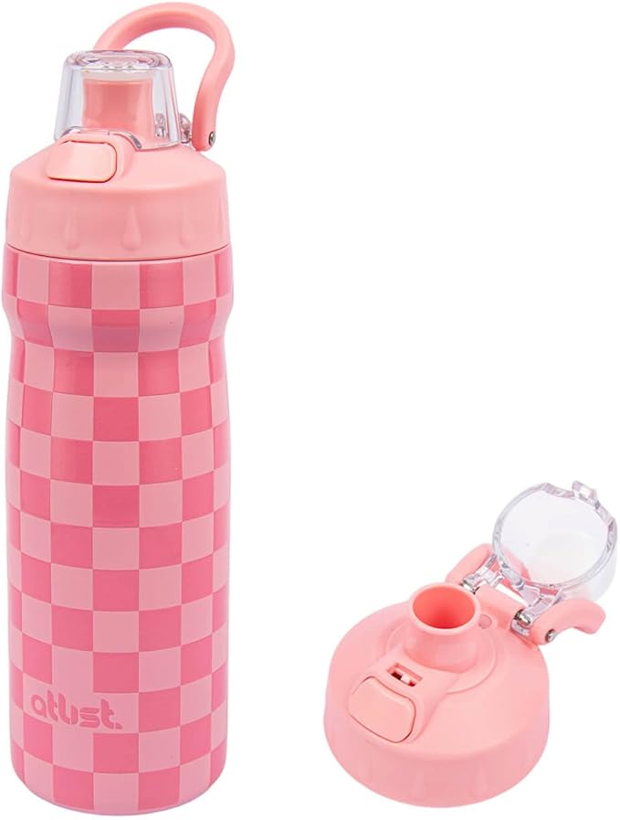 Magnetic Water Bottle with Straw 18 oz - Stainless Steel Insulated Tumbler for Gym & Bike (Fits Holders) - Leak Proof Pop-Up Lid, 2-in-1 Sip or Chug, Handle & Cute Pink Checkered Print