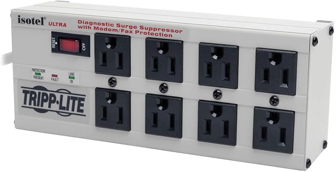 Tripp Lite Isobar 8 Outlet Surge Protector Power Strip, 12ft. Cord, Right Angle Plug, 3840 Joules, Diagnostic LEDs, Tel/Fax/Modem, Metal, (ISOTEL8 ULTRA) , Gray