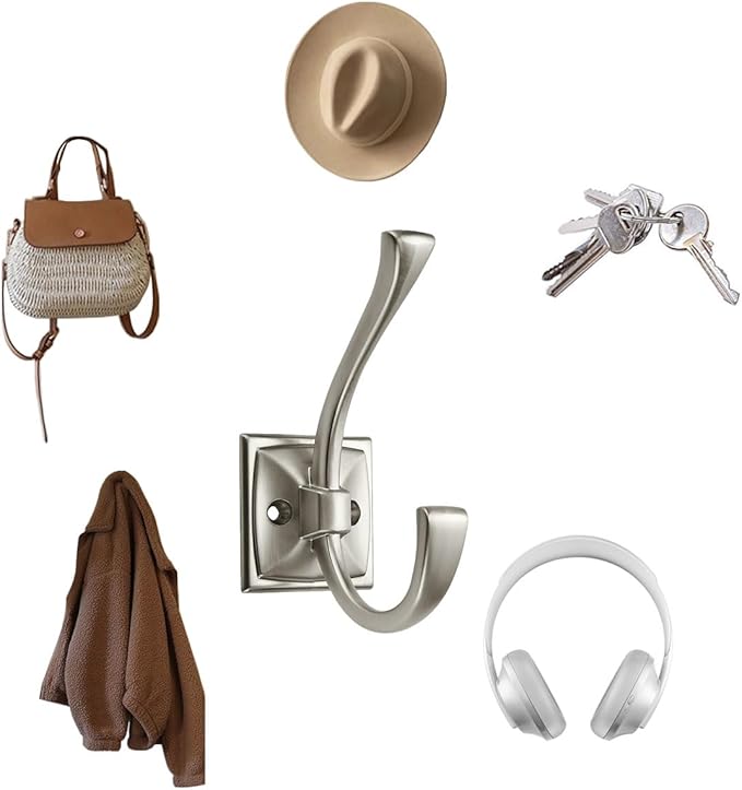 2 Pack Decorative Heavy Duty Towel Hooks for Hanging Robe Double Satin Nickel Coat Hooks Wall Mounted with Screws for Key, Towel, Bags, Cup, Hat