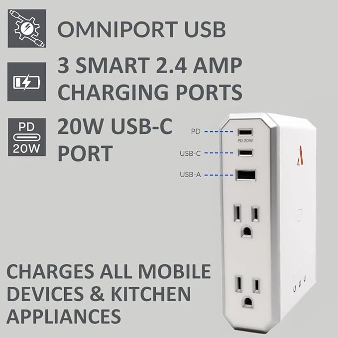 Austere V Series, Appliance Wall Power 4 Outlet Surge Protector for Kitchen, 3000 Joules, 1 USB-C 20W Fast Charger, 2.4 amps USB-C and A Ports, Overcurrent Protection, 5 Year Component Guarantee