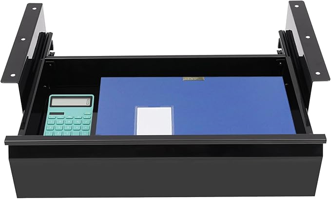 FFanhia 16 Inch Under Desk Mounted Sliding Pull-out Drawer Storage for Sit Stand Workstation Office(Applicable Table Thickness: 0.79in) Black