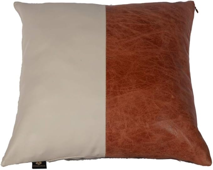 D DOLLY LAMB Lambskin Leather Pillow Cover - Sofa Cushion Case - Decorative Throw Covers for Living Room & Bedroom, 18x18 Inches - Tan & Beige Pack of 2