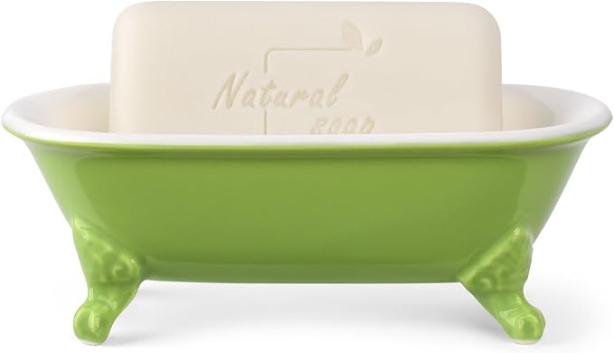 6.5" Ceramic Mini Decorative Clawfoot Bathtub Bar Soap Dish, Kitchen Sponge Holder and Shower Tray for Bathroom, 1 Pack(Lime)