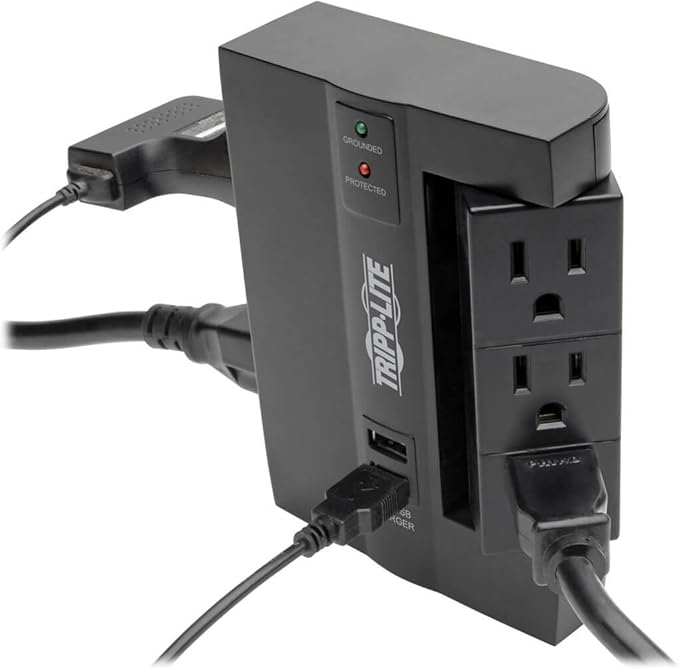 TRIPP LITE 6 Outlet Surge Protector Power Strip, 3 Rotatable Outlets, Wall Tap/Direct Plug in, 1200 Joules, 2 USB Charging Ports, Limited Warranty & $20, 000 Insurance (SWIVEL6USB), Black